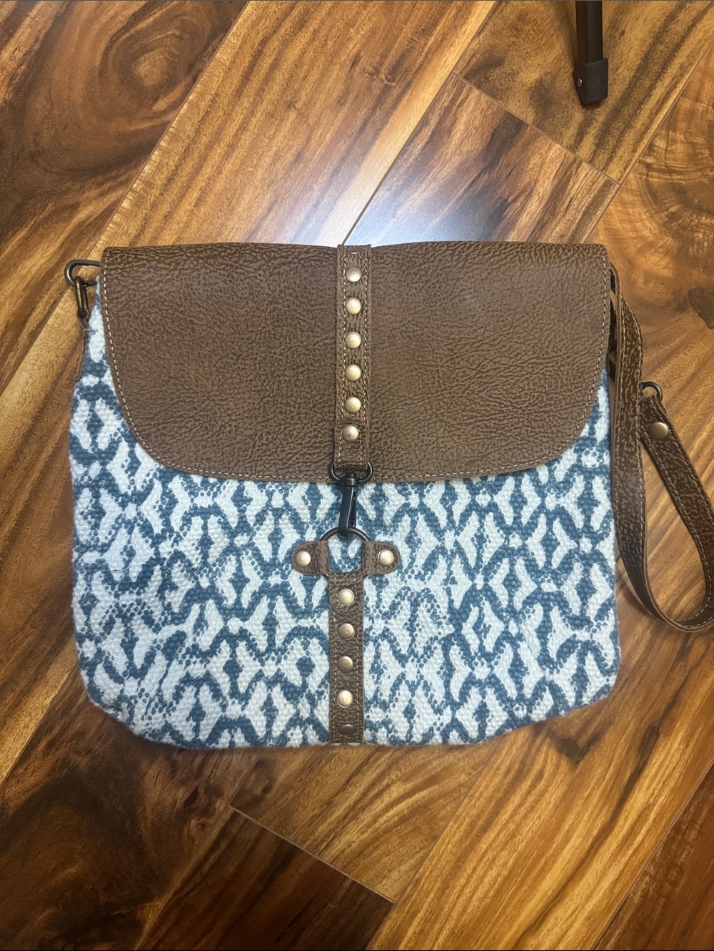 Myra Bag Brown & Blue Patterned Crossbody with Stud Accents